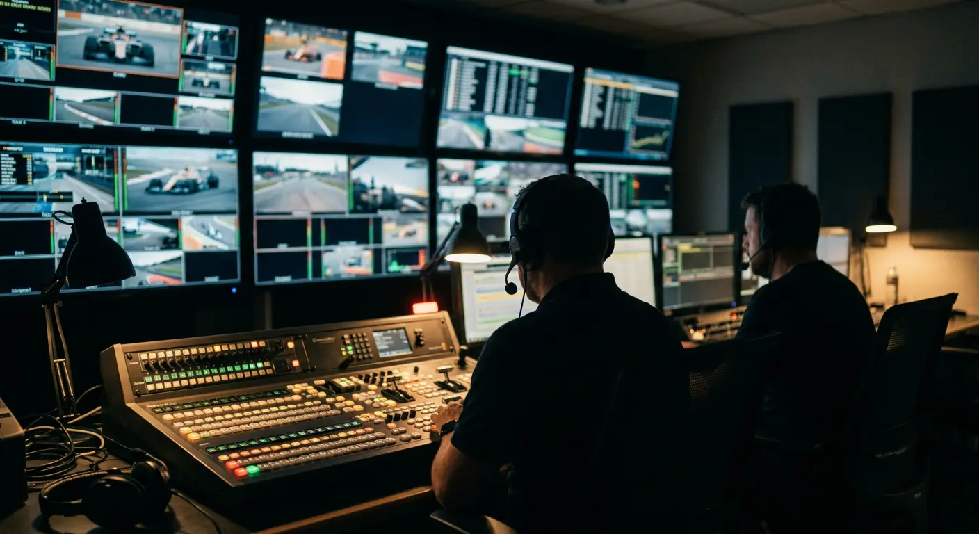 A motorsport broadcast control room at night, monitors showing onboard and timing feeds
