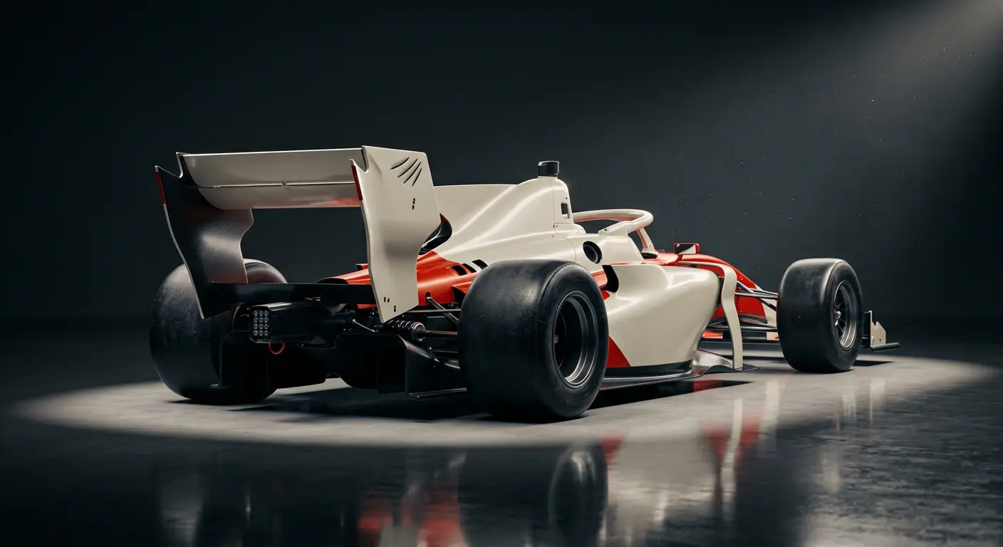Rear three-quarter studio view of the open-wheel formula car under a single raking light