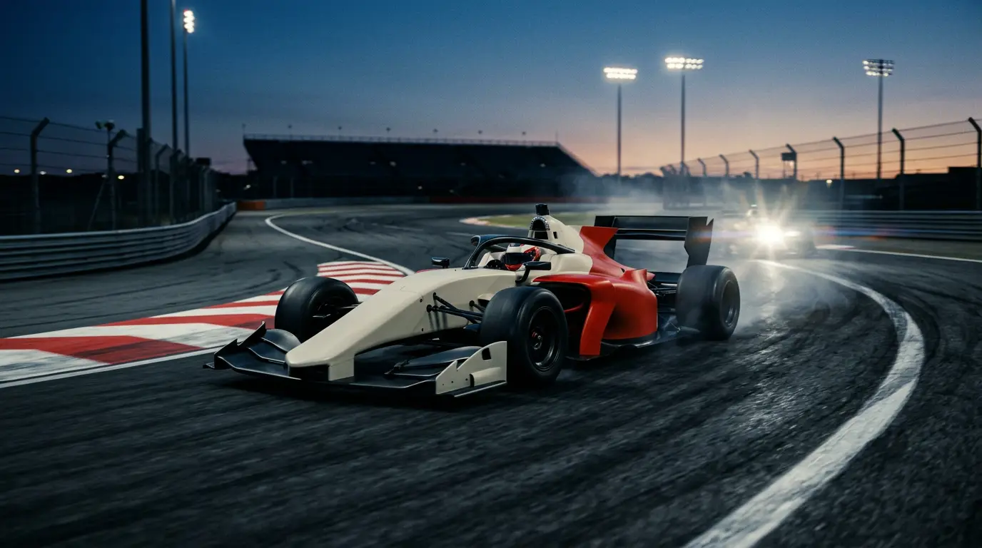 An open-wheel formula car turning into a floodlit road-course corner at dusk